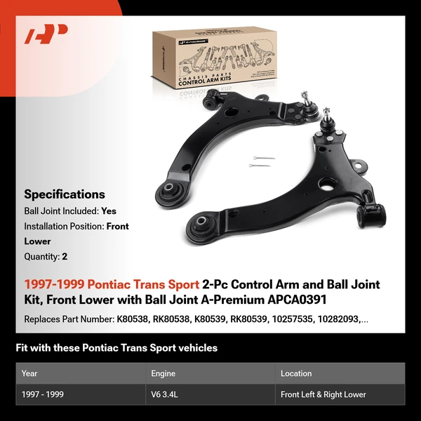 1997-1999 Pontiac Trans Sport 2-Pc Control Arm and Ball Joint Kit, Front Lower with Ball Joint A-Premium APCA0391