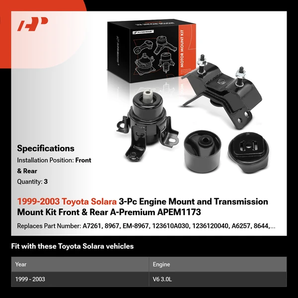 1999-2003 Toyota Solara 3-Pc Engine Mount and Transmission Mount Kit Front & Rear A-Premium APEM1173