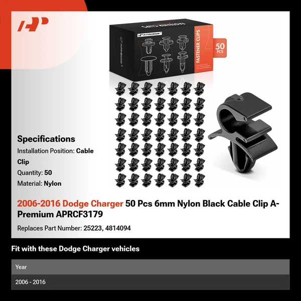 2006-2016 Dodge Charger 50 Pcs 6mm Nylon Black Cable Clip A-Premium APRCF3179