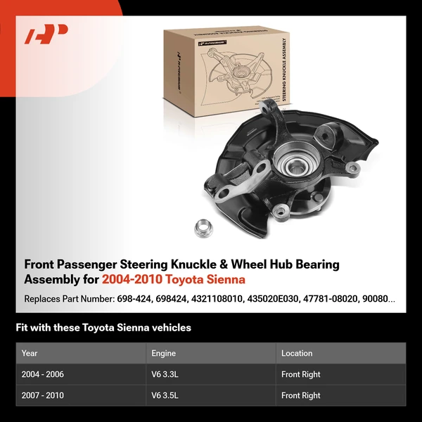 Front Passenger Steering Knuckle & Wheel Hub Bearing Assembly for 2004-2010 Toyota Sienna