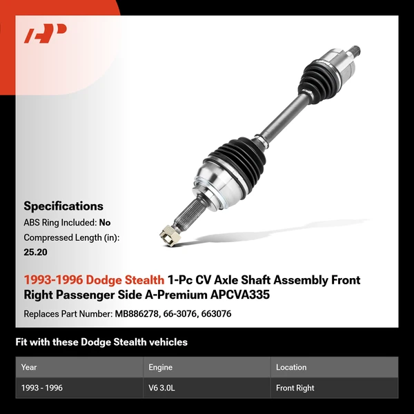 1993-1996 Dodge Stealth 1-Pc CV Axle Shaft Assembly Front Right Passenger Side A-Premium APCVA335