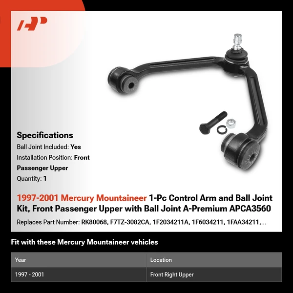 1997-2001 Mercury Mountaineer 1-Pc Control Arm and Ball Joint Kit, Front Passenger Upper with Ball Joint A-Premium APCA3560