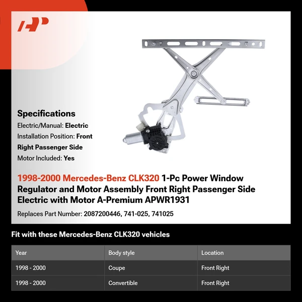 1998-2000 Mercedes-Benz CLK320 1-Pc Power Window Regulator and Motor Assembly Front Right Passenger Side Electric with Motor A-Premium APWR1931