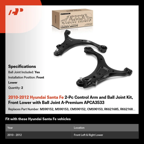 2010-2012 Hyundai Santa Fe 2-Pc Control Arm and Ball Joint Kit, Front Lower with Ball Joint A-Premium APCA3533