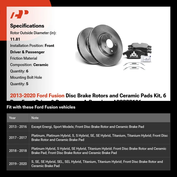 2013-2020 Ford Fusion Disc Brake Rotors and Ceramic Pads Kit, 6 Pcs, Front Driver & Passenger, A-Premium, APBRPR196