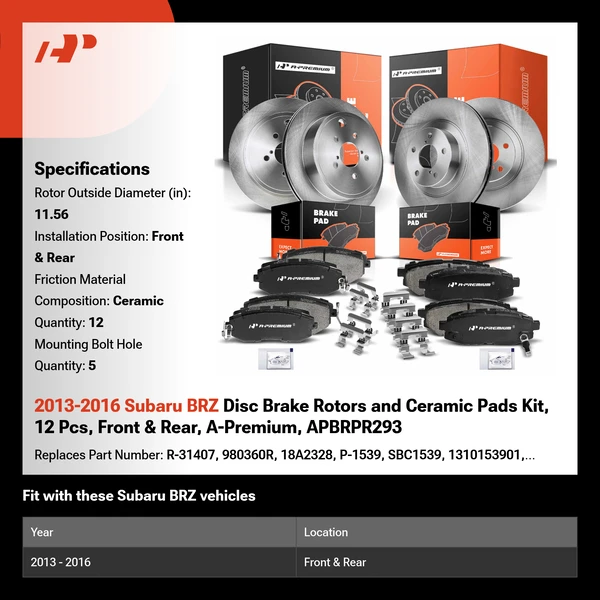 2013-2016 Subaru BRZ Disc Brake Rotors and Ceramic Pads Kit, 12 Pcs, Front & Rear, A-Premium, APBRPR293