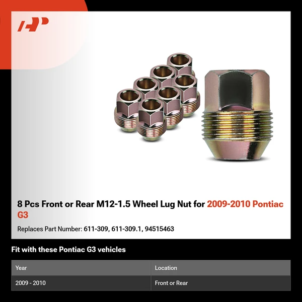 8 Pcs Front or Rear M12-1.5 Wheel Lug Nut for 2009-2010 Pontiac G3