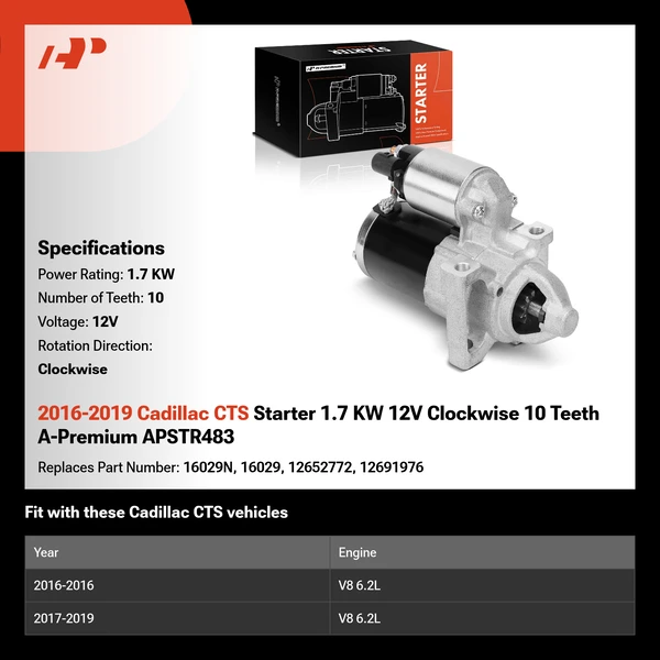 2016-2019 Cadillac CTS Starter 1.7 KW 12V Clockwise 10 Teeth A-Premium APSTR483