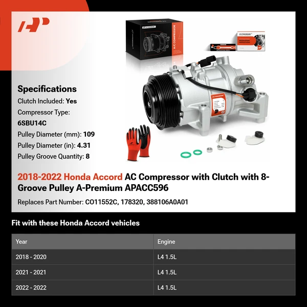 2018-2022 Honda Accord AC Compressor with Clutch with 8-Groove Pulley A-Premium APACC596