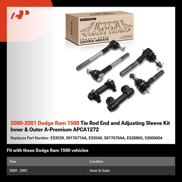 2000-2001 Dodge Ram 1500 Tie Rod End and Adjusting Sleeve Kit Inner & Outer A-Premium APCA1272