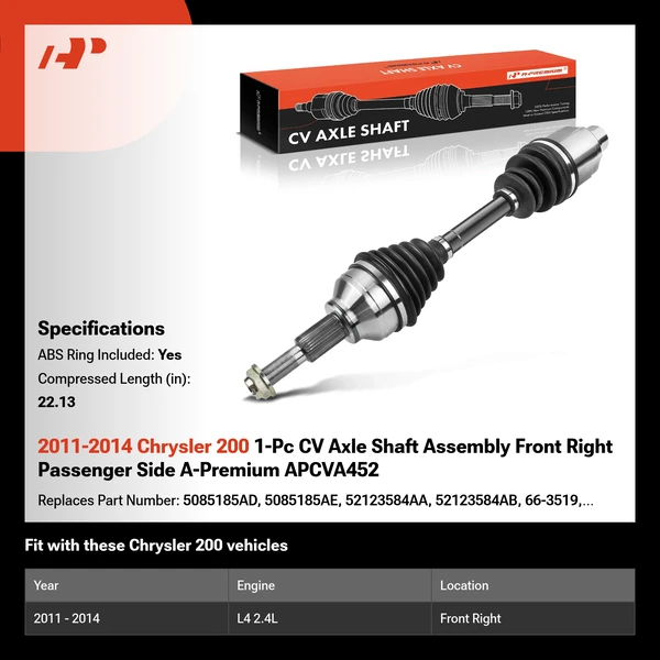 2011-2014 Chrysler 200 1-Pc CV Axle Shaft Assembly Front Right Passenger Side A-Premium APCVA452