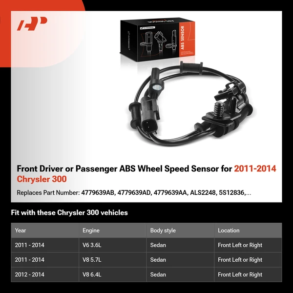 Front Driver or Passenger ABS Wheel Speed Sensor for 2011-2014 Chrysler 300