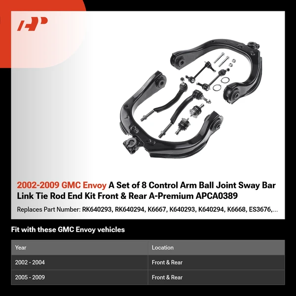 2002-2009 GMC Envoy A Set of 8 Control Arm Ball Joint Sway Bar Link Tie Rod End Kit Front & Rear A-Premium APCA0389