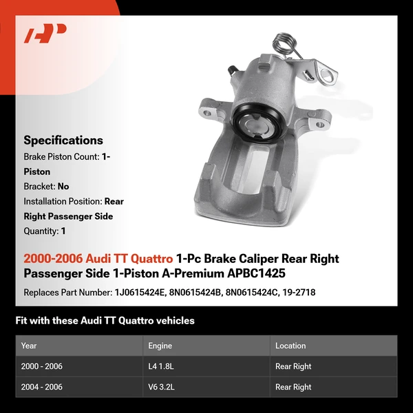 2000-2006 Audi TT Quattro 1-Pc Brake Caliper Rear Right Passenger Side 1-Piston A-Premium APBC1425