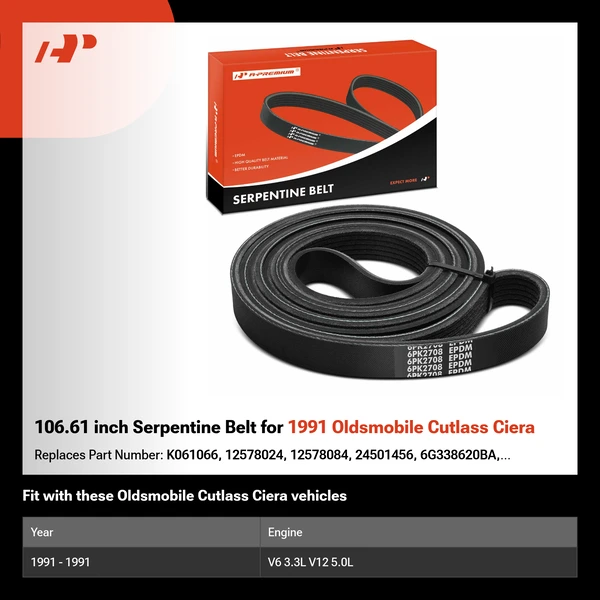 106.61 inch Serpentine Belt for 1991 Oldsmobile Cutlass Ciera