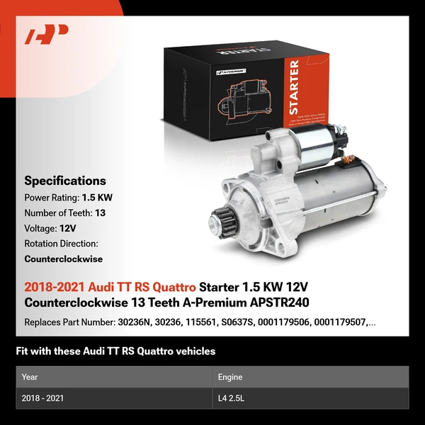 2018-2021 Audi TT RS Quattro Starter 1.5 KW 12V Counterclockwise 13 Teeth A-Premium APSTR240