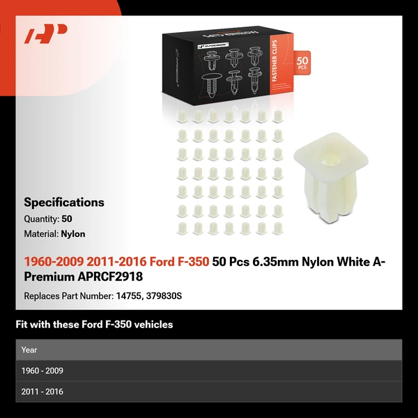 1960-2009 2011-2016 Ford F-350 50 Pcs 6.35mm Nylon White A-Premium APRCF2918
