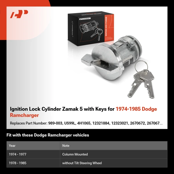 Ignition Lock Cylinder Zamak 5 with Keys for 1974-1985 Dodge Ramcharger