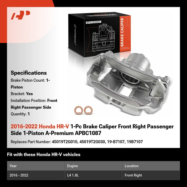 2016-2022 Honda HR-V 1-Pc Brake Caliper Front Right Passenger Side 1-Piston A-Premium APBC1087