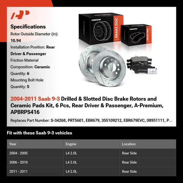 2004-2011 Saab 9-3 Drilled & Slotted Disc Brake Rotors and Ceramic Pads Kit, 6 Pcs, Rear Driver & Passenger, A-Premium, APBRPS416