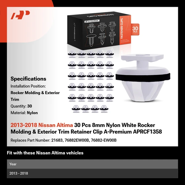 2013-2018 Nissan Altima 30 Pcs 8mm Nylon White Rocker Molding & Exterior Trim Retainer Clip A-Premium APRCF1358