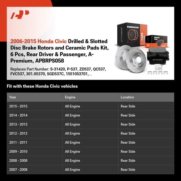 2006-2015 Honda Civic Drilled & Slotted Disc Brake Rotors and Ceramic Pads Kit, 6 Pcs, Rear Driver & Passenger, A-Premium, APBRPS058