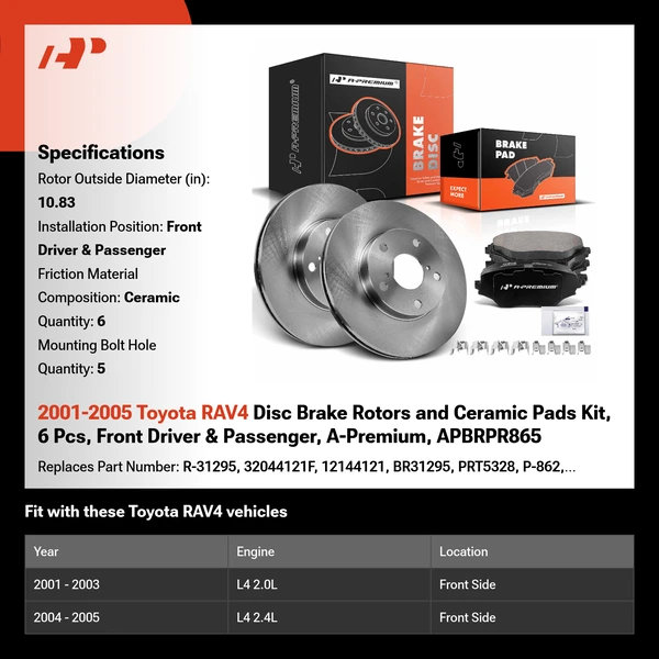 2001-2005 Toyota RAV4 Disc Brake Rotors and Ceramic Pads Kit, 6 Pcs, Front Driver & Passenger, A-Premium, APBRPR865