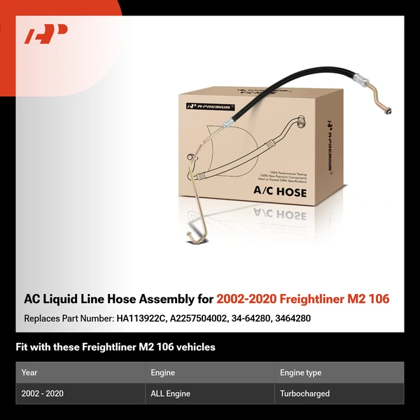 AC Liquid Line Hose Assembly for 2002-2020 Freightliner M2 106