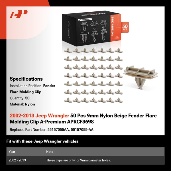 2002-2013 Jeep Wrangler 50 Pcs 9mm Nylon Beige Fender Flare Molding Clip A-Premium APRCF3698