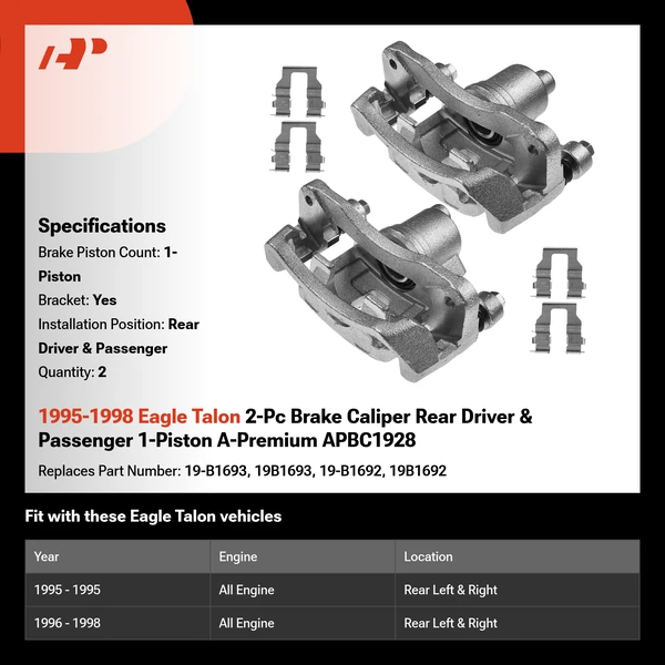 1995-1998 Eagle Talon 2-Pc Brake Caliper Rear Driver & Passenger 1-Piston A-Premium APBC1928