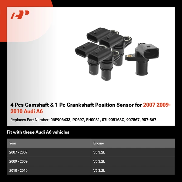 4 Pcs Camshaft & 1 Pc Crankshaft Position Sensor for 2007 2009-2010 Audi A6