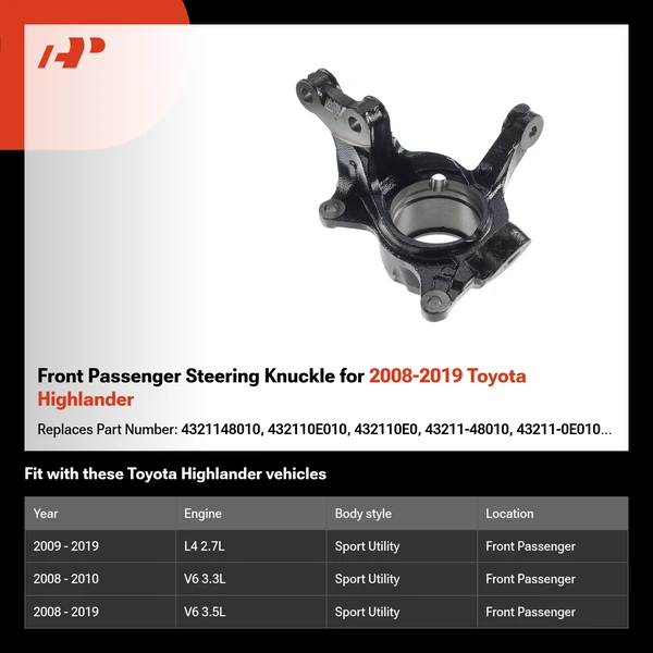 Front Passenger Steering Knuckle for 2008-2019 Toyota Highlander
