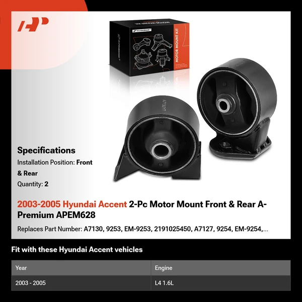2003-2005 Hyundai Accent 2-Pc Motor Mount Front & Rear A-Premium APEM628