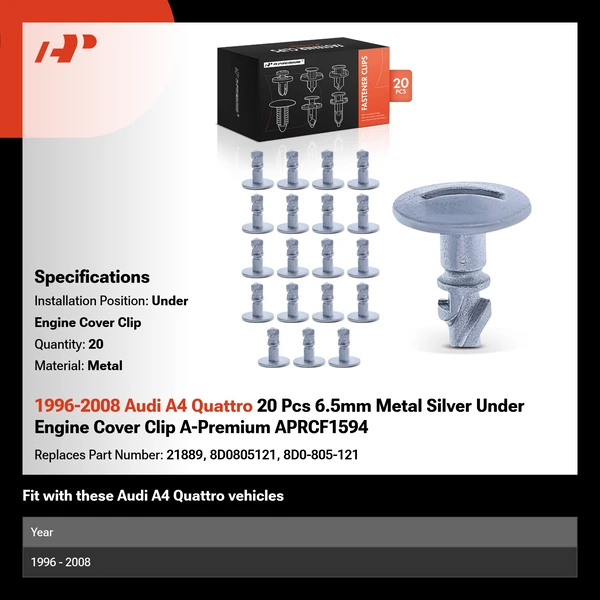 1996-2008 Audi A4 Quattro 20 Pcs 6.5mm Metal Silver Under Engine Cover Clip A-Premium APRCF1594
