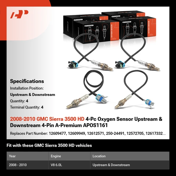 2008-2010 GMC Sierra 3500 HD 4-Pc Oxygen Sensor Upstream & Downstream 4-Pin A-Premium APOS1161