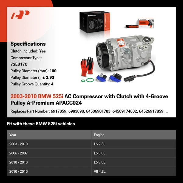 2003-2010 BMW 525i AC Compressor with Clutch with 4-Groove Pulley A-Premium APACC024