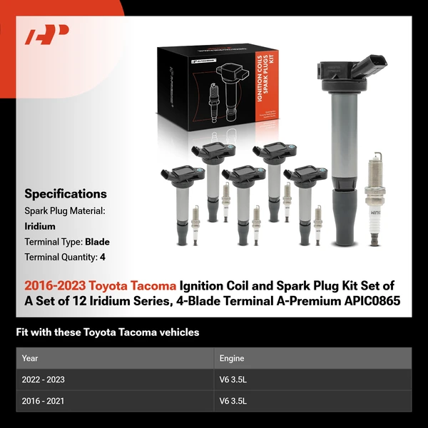2016-2023 Toyota Tacoma Ignition Coil and Spark Plug Kit Set of A Set of 12 Iridium Series, 4-Blade Terminal A-Premium APIC0865