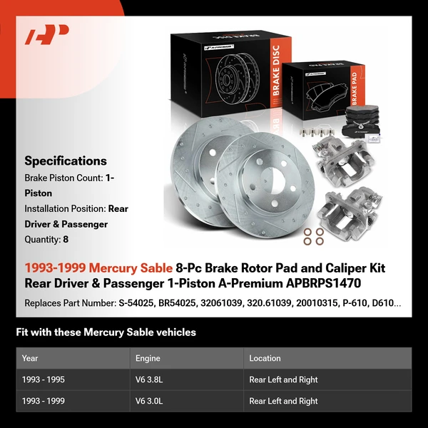 1993-1999 Mercury Sable 8-Pc Brake Rotor Pad and Caliper Kit Rear Driver & Passenger 1-Piston A-Premium APBRPS1470