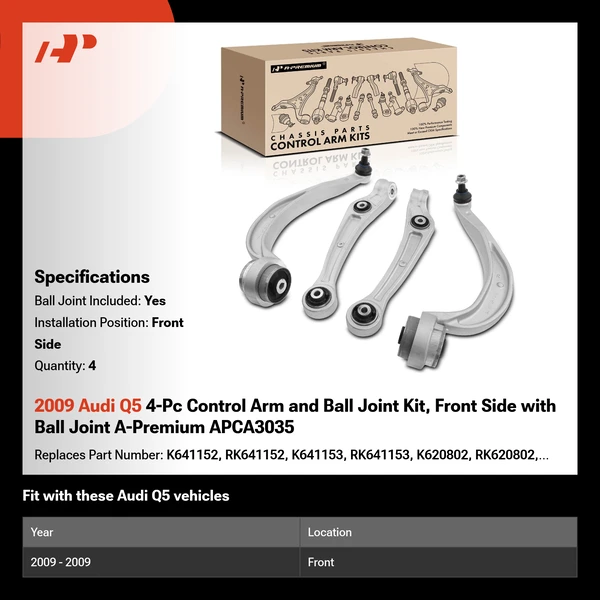 2009 Audi Q5 4-Pc Control Arm and Ball Joint Kit, Front Side with Ball Joint A-Premium APCA3035