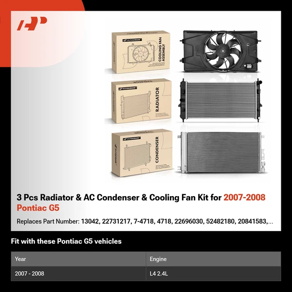 3 Pcs Radiator & AC Condenser & Cooling Fan Kit for 2007-2008 Pontiac G5