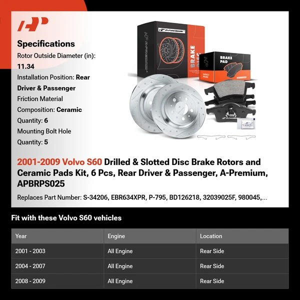 2001-2009 Volvo S60 Drilled & Slotted Disc Brake Rotors and Ceramic Pads Kit, 6 Pcs, Rear Driver & Passenger, A-Premium, APBRPS025