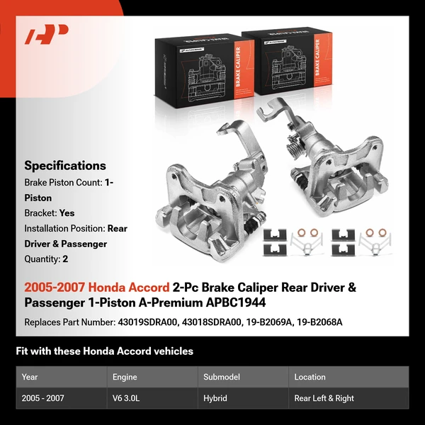 2005-2007 Honda Accord 2-Pc Brake Caliper Rear Driver & Passenger 1-Piston A-Premium APBC1944