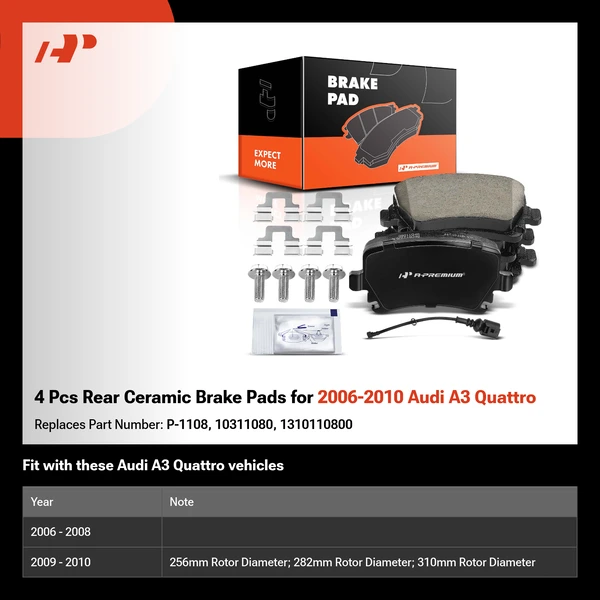 4 Pcs Rear Ceramic Brake Pads for 2006-2010 Audi A3 Quattro