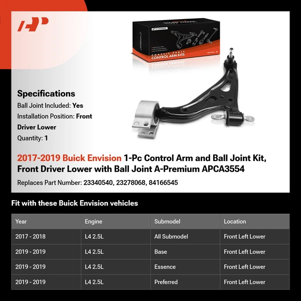 2017-2019 Buick Envision 1-Pc Control Arm and Ball Joint Kit, Front Driver Lower with Ball Joint A-Premium APCA3554
