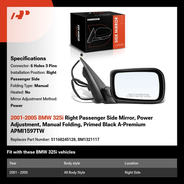 2001-2005 BMW 325i Right Passenger Side Mirror, Power Adjustment, Manual Folding, Primed Black A-Premium APMI1597TW