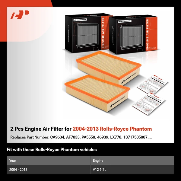 2 Pcs Engine Air Filter for 2004-2013 Rolls-Royce Phantom