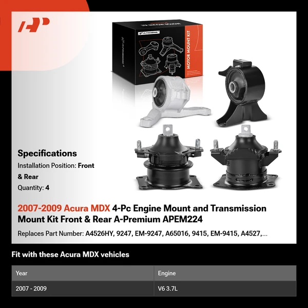 2007-2009 Acura MDX 4-Pc Engine Mount and Transmission Mount Kit Front & Rear A-Premium APEM224