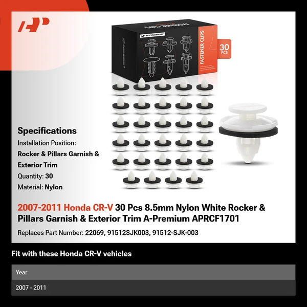 2007-2011 Honda CR-V 30 Pcs 8.5mm Nylon White Rocker & Pillars Garnish & Exterior Trim A-Premium APRCF1701