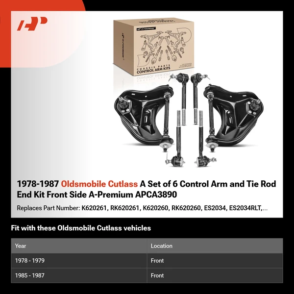 1978-1987 Oldsmobile Cutlass A Set of 6 Control Arm and Tie Rod End Kit Front Side A-Premium APCA3890