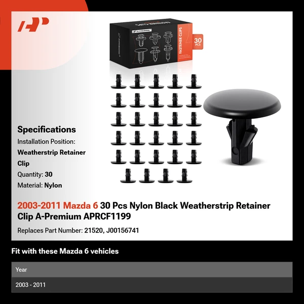 2003-2011 Mazda 6 30 Pcs Nylon Black Weatherstrip Retainer Clip A-Premium APRCF1199